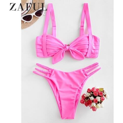 ZAFUL Pleated Braided Strappy Cutout Bikini Swimsuit Summer Women Knot Swimwear 2 Piece Bikini Sets Sexy Beach Bathing Suit