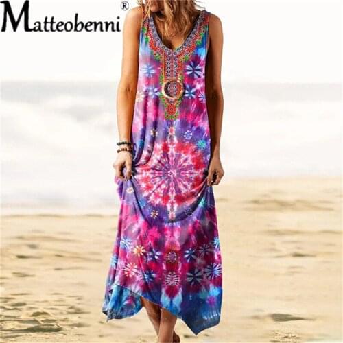 Plus Size Loose Casual Retro Women Dress Summer 2021 Sleeveless V-Neck Printed Long Dress Ladies Streetwear Clothing Dresses