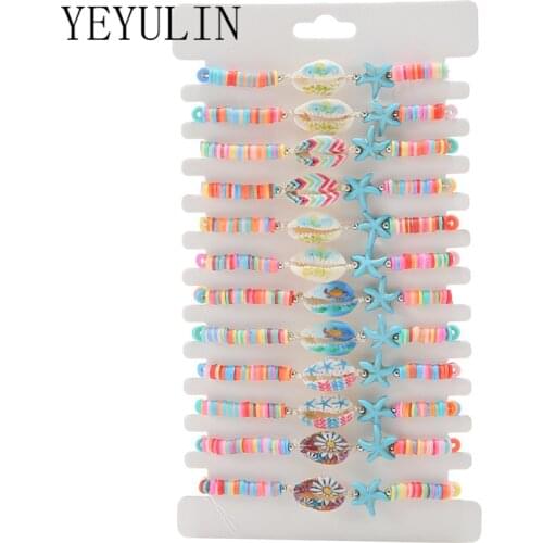 12 pcs/set Women Shell Starfish String Rope Adjustable Braided Bracelets Set Clay Resin Animal Charm Bracelet Jewelry Gifts