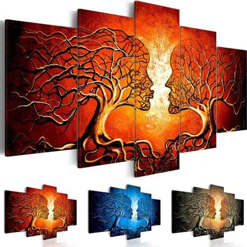 5 Pieces Kiss Tree Red Blue Yellow Color Love Canvas Poster Abstract Prints Modular Pictures Room Wall Art Home Decor Painting