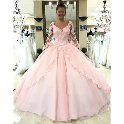 ANGELSBRIDEP Long Sleeves Ball Gown Quinceanera Dresses 15 Party Fashion Applique Tulle Princess Birthday Gowns Plus Size