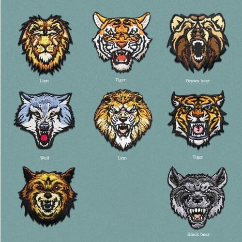 Free shipping high quality fashion bear fierce animal tiger lion wolf head embroidery patch cloth stickers DIY T-shirt accessori