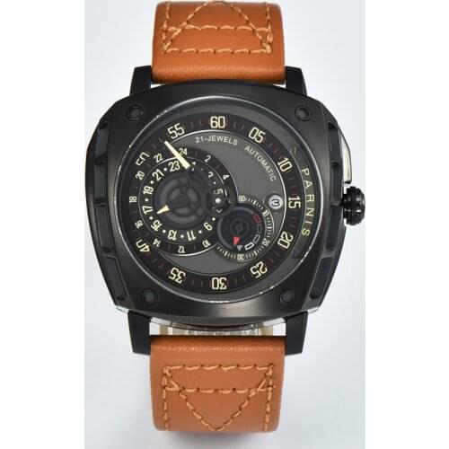 New Arrival Parnis 44mm Personality Black Dial Men Watch Calendar Japan Miyota Movement Leather Wristwatch 2021 Top Luxury Brand