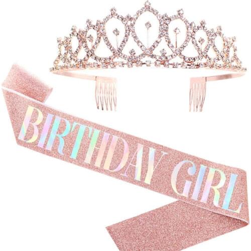 Bling Crystal Crown Tiara Birthday Girl Anniversary Happy Birthday Decor 18 21 30 40 50th Satin Sash Birthday Party Decoration