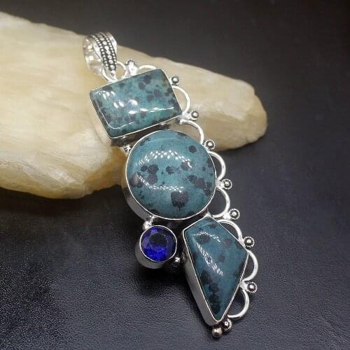 Gemstonefactory Jewelry Big Promotion 925 Silver Antique Dalmatian Jasper Blue Topaz Women Ladies Gifts Necklace Pendant 0330