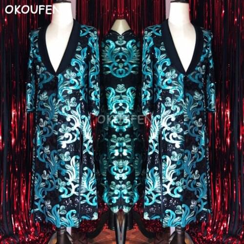 Fashion Men Embroidery Peacock Blue Long Jacket Stage DS costumes Bar nightclub male singer DJ performance outwear