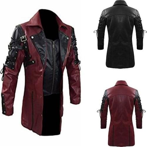 Vogue Men Faux Leather Jackets Autumn Fashion Steampunk Gothic Turn Down Collar Motorcycle Jackets Male Zippers Leather Coat
