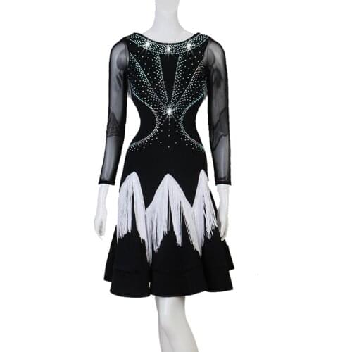 Custom Made Latin Dance Dress Competition Clothes Sexy Tassel Dresses Women Girls Latin Dance Long Sleeves Performance Costume
