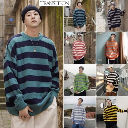 2021 winter new mens loose striped round neck casual pullover sweater in eight colors