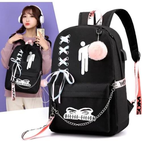 Ribbons Billie Eilish Backpack Zipper Mochila Infantil USB Charging Men&Women Anti-theft Kpop School Bags for Teenage Girls