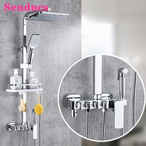 Senducs Bathroom Shower System Polished Chrome Shower Set ABS Rainfall Shower Head Four Function Hot Cold Chrome Shower Set