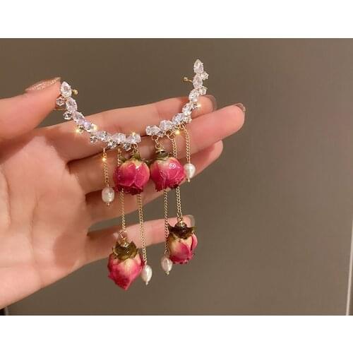 LOVOACC Vintage Simulation Rose Clip Earrings for Women Sweet Bling Bling Cubic Zircon Pearls Long Tassel No-Piece Earring Gifts