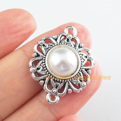 Fashion 12Pcs New Round Charms Tibetan Silver Tone Retro Flower White Acrylic Connectors 21.5x28mm
