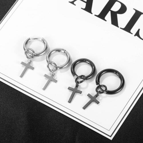 FATE LOVE Unique Punk Men Cross Charm Hoop Earrings Silver Color Stainless Steel Fashion Jewelry Gift New Arrival 2020