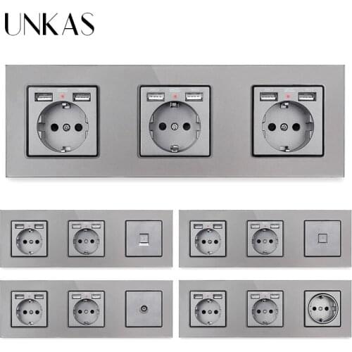 UNKAS Gray EU French Socket With Dual USB Port + TV RJ11 Telephone RJ45 Internet Computer Jack 258mm * 86mm Grey Outlet