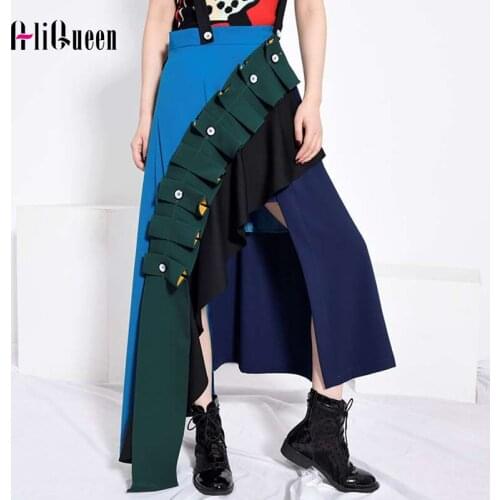New Autumn Winter Women Patchwork Ruffles Long Skirt High Waist Female Runway Asymmetrical Suspender Skirts Womens Streetwear