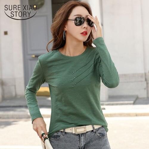 Loose Long Sleeve Shirt Women 2021 Autumn New Solid O-Neck Shirt Slim Bottoming Tshirt Cotton Simple Office Lady Clothes 10710