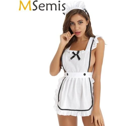Womens Erotic Maid Ruffle Retro Apron Kitchen Cooking Cleaning Fancy Dress Cosplay Costume with Hair Hoop and G-string Thongs