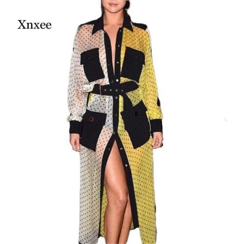 2021 New Summer Turn-Down Collar Full Sleeves Dress Polka Dots Printed Patchwork Contrast Colors Spring Beach Dresses Smock