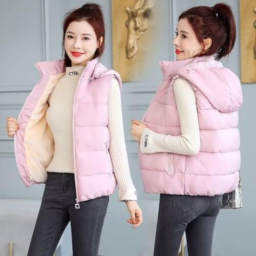2021 New Plush Womens Autumn Winter Down Cotton Vest With Hat Zipper Girls Leisure Vest Outdoor warm coat Pink