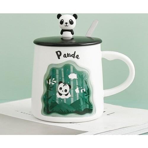 3d Relief Panda Ceramic Cup With Spoon Cover Super Cute Girl Heart Cartoon Student Gift Water Bottle Milk Coffee Cup