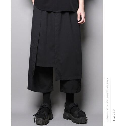 Personality splicing Dark Yamamoto style neutral wide leg mens casual pants nine-point fake two loose skirt pants men trend