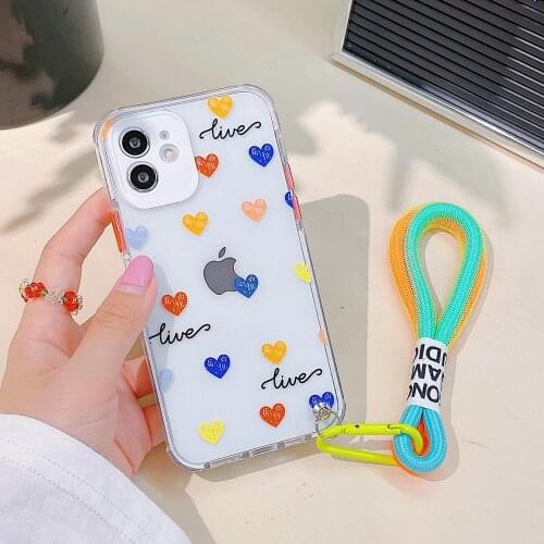 Love Heart Graffiti Case For iPhone 11 12 Pro Max XS Max XR X 8 7 Plus SE 2020 With Hanging Hand Rope Soft Silicone Phone Cover