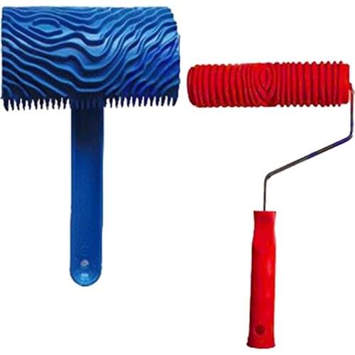 Blue Wood Grain Tool with Rubber Handle Graining Empaistic Stamp Pattern for Wall Painting DIY Decoration Paint Roller
