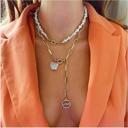 UDDEIN Multi Layer Heart Metal Letter Love Pendant Collier Gold Anchor Buckle Irregular Pearl Chain Choker Necklace Women Collar