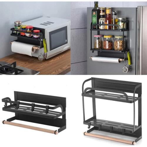 Magnetic Spice Rack Wall-mounted Kitchen Storage Rack with Hook Paper Towel Holder Refrigerator Side Hanging Organizer Shelf