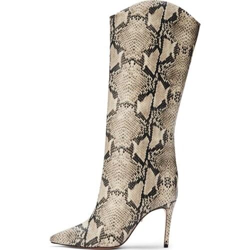 Fashion Women Boots Pointed Toe Snake Pattern Thin Heels Super High Heel Knee Boots Genuine Leather Botas De Mujer Shoes Woman