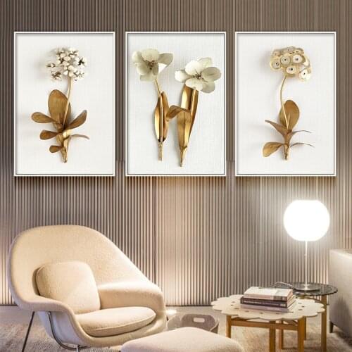 Golden Metal Flower Wall Art Canvas Prints Picture Modern Industrial Style Floral Poster for Living Room Luxury Painting Decor
