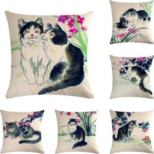 Ink painting Animal Pillowcase Chinese Style 45x45cm Cats pattern Cushion Cover Flower Home Decor Office Throw Pillow Cover