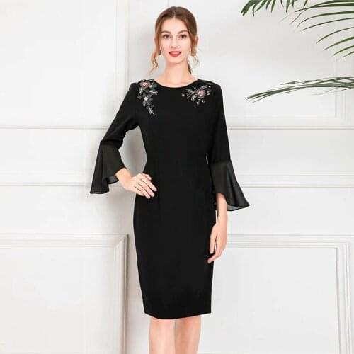 MIUXIMAO 2021 New Autumn Womens Clothing O-Neck Beading Flare Sleeve Slim Waist Dress Elegant Fashion Office Style