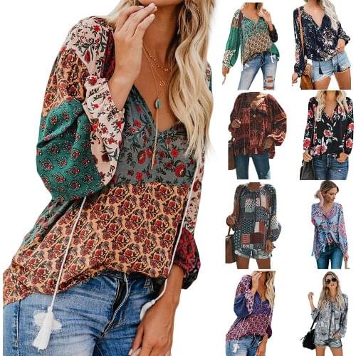 Autumn Printed Chiffon Shirt Womens Casual Fashion Top 2020 New Womens Round Neck Long-sleeved Loose Retro Plus Size Top