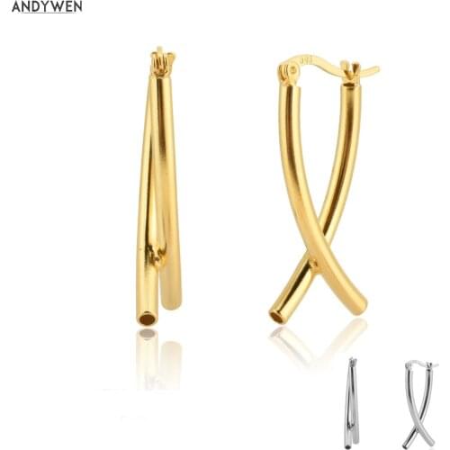 ANDYWEN 925 Sterling Silver Gold Oval Cross Hoops Piercing Earring Line Fashion Jewelry Fashion Jewels Round Loops Circle