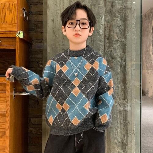Boys Sweaters Autumn Winter Kids Knitted Sweater Teen Boy Color Block Knitted Pullover Top Children Knitting Long Sleeve Clothes