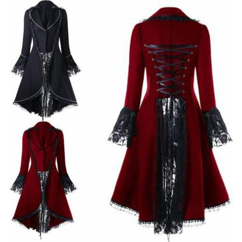 Women Gothic Vintage Steampunk Tailcoat Long Jacket Lace Medieval Jacket Costume