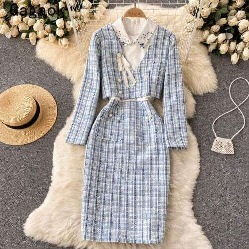 Gagaok High Street Two Piece Set Women 2021 Spring Autumn New Elegant Fashion Korean Chic Outfits Plaid Jackets + Midi Dresses