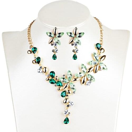 Womens Short Collar Necklaces Jewelry Color Crystal Five leaves Flowers Rhinestone Statement Gothic Necklace Earring Jewelry Set