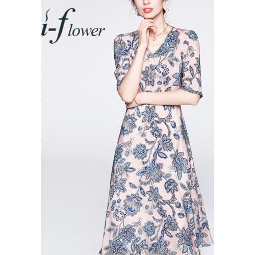 French LadyStyle 100% Mulberry Silk Summer Dress Women 2021 Floral Printing V Neck Midi Bodycon Dress Retro Robe