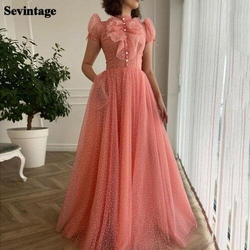 Sevintage Short Sleeves Long Prom Dresses Dotted Tulle Buttons Front Evening Dress High Neck Princess Women Party Gowns 2021