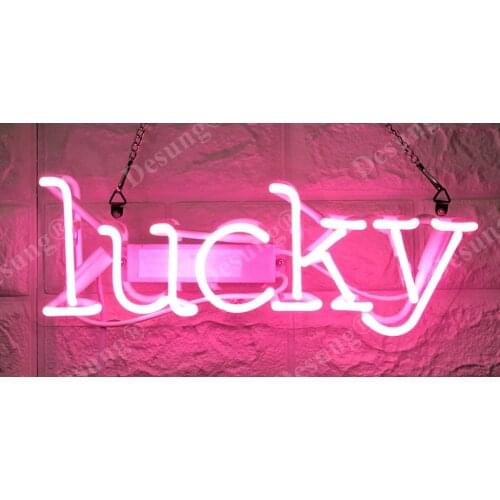 14“ Lucky Pink Acrylic Custom Neon Light Lamp Sign Beer Bar Handmade Real Glass Decorate Home Wall Room Windows Tube Artwork