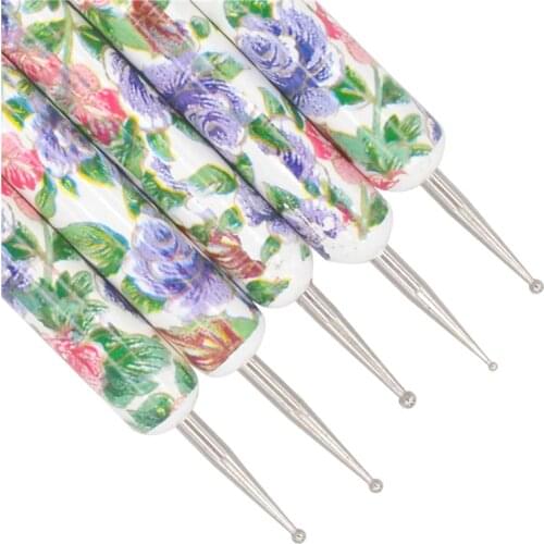 YWK 5Pcs Flower Pattern Nail Dot Painting Pen Set 2 Way Wood Handle Nail Art Dotting Tools Beauty Salon Nail Pen Brush Care Set