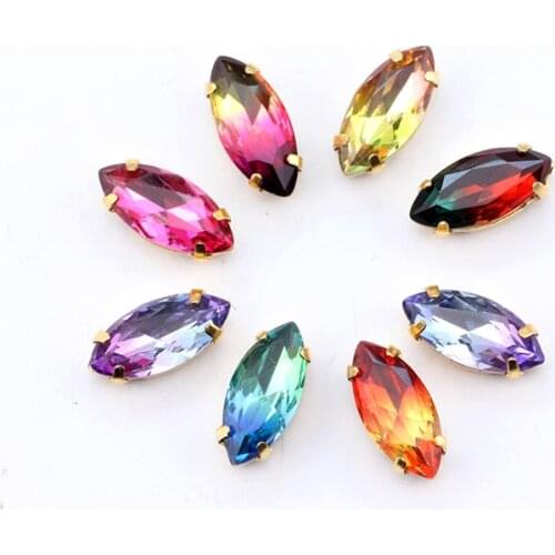 7*15mm horse eye Sew on rhinestone Glass Crystal gold claw settings horse eye K9 horse eye Tourmaline rhinestone for sewing