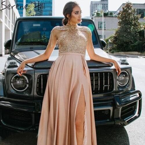 Dubai Gold High Neck Sparkle Prom Dresses 2020 Latest Design Sleeveless Tassel Beading Prom Gowns Serene Hill BLA60998