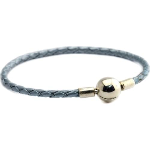925 Sterling Silver Round Clasp Light Blue Leather Bracelet Female Jewelry Fashion Bracelets for Women DIY Charms Jewelry Making