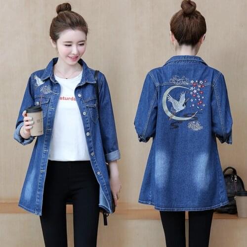 Denim Jacket Women Embroidery Slim Jeans Jacket Women 2021 Plus Size 3XL Long Coat Ladies Vintage Casual Harajuku Spring Autumn