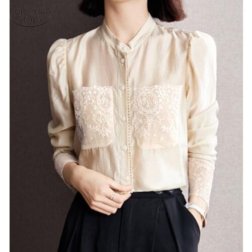 Long Sleeve Pure Elegant Chiffon Blouse High-quality Lace Comfort Simple Women Shirt Fashion Woman Blouse Camisas Mujer 16204