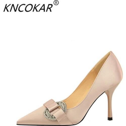 KNCOKAR 2018 New style ladies fashion simple satin light - pointed sexy banquet water - drill button high single - heeled shoes